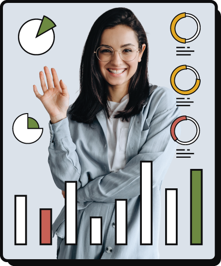 Supportable hero image girl waving to user with analytics overlayed